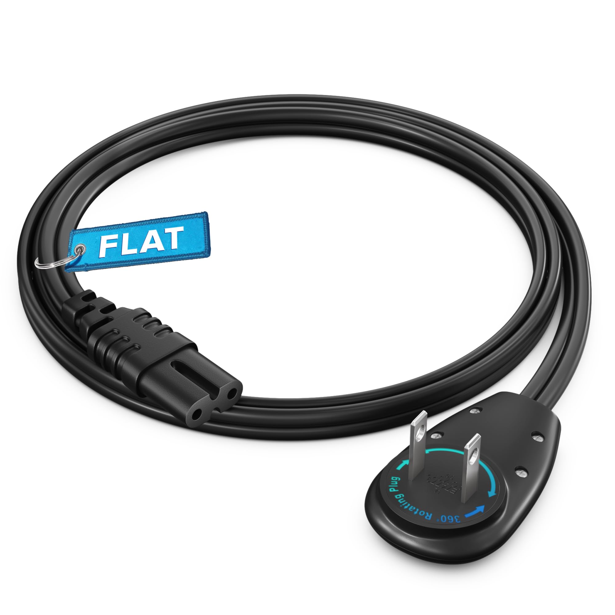 Maximm 2-Prong TV Power Cord 2ft 360° Rotating Flat Plug UL Listed Non-Polarized Compatible with Samsung LG Sony TCL Hisense and More LED LCD Smart TVs Black