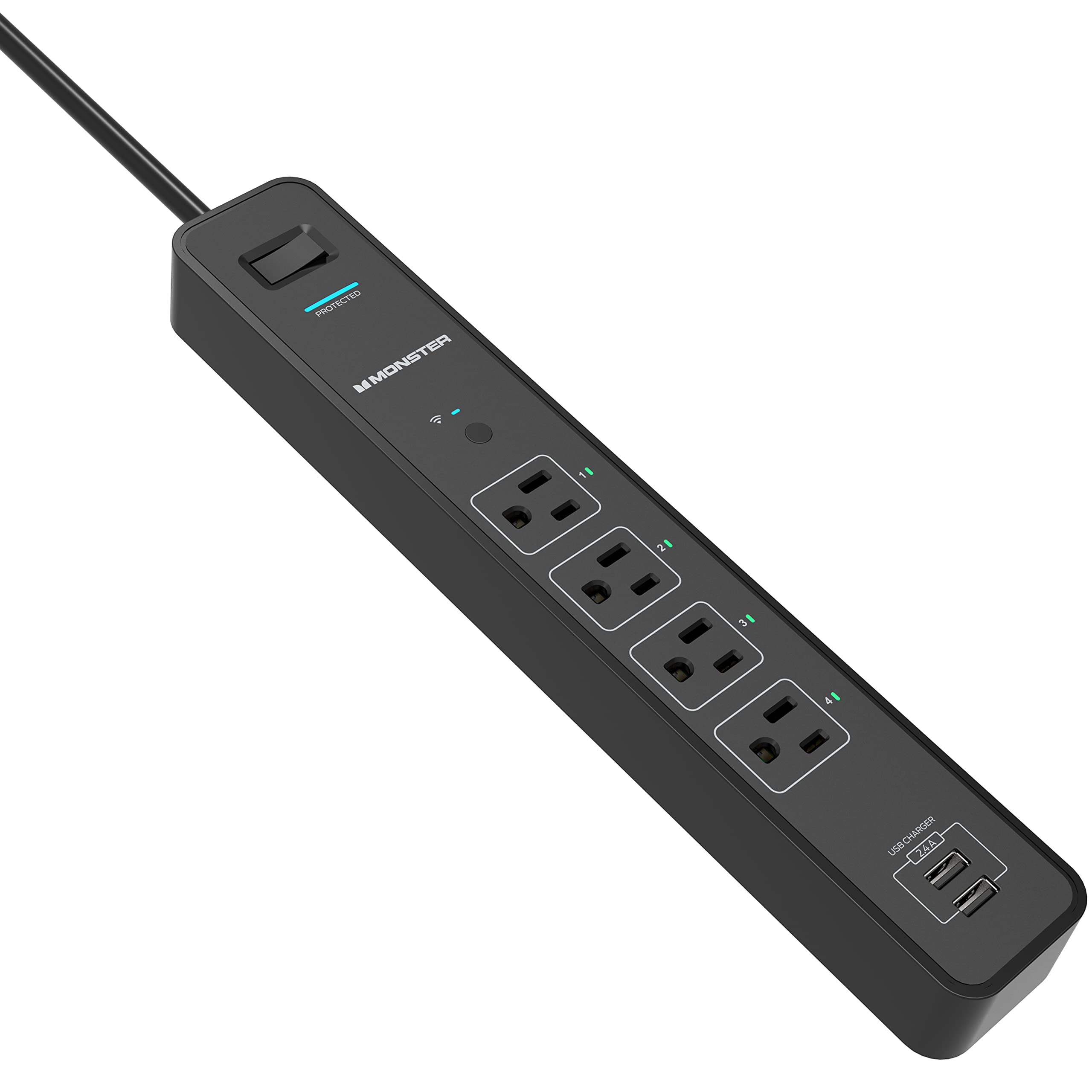 Monster Smart Power Outlet WiFi Control for Indoor Use with Monster App - Voice Control with Amazon Alexa and Google Assistant - 6 Foot Cord with 4 Outlets and 2 USB-A Plug-Ins Black